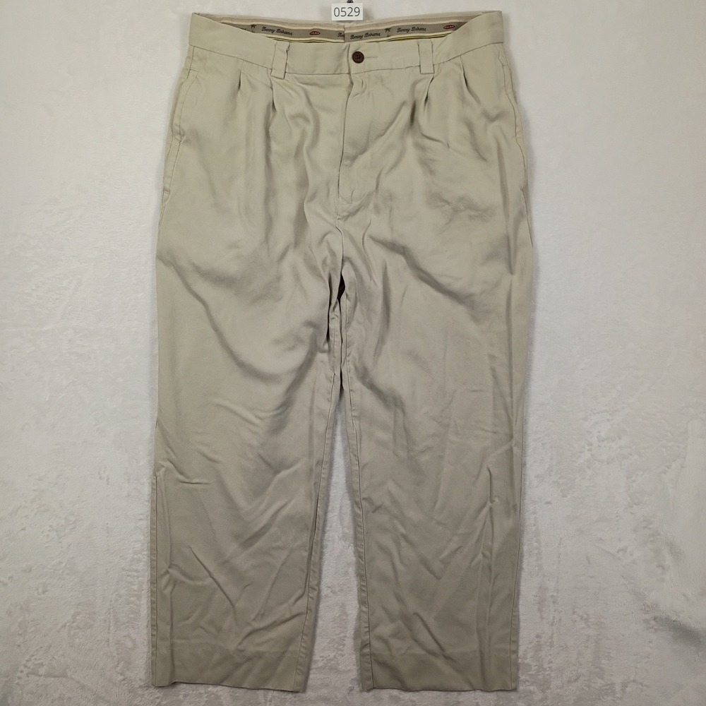 Tommy Bahama Pleated Pants Mens 36x32 Khaki 100% Silk Relaxed Luxury Trousers